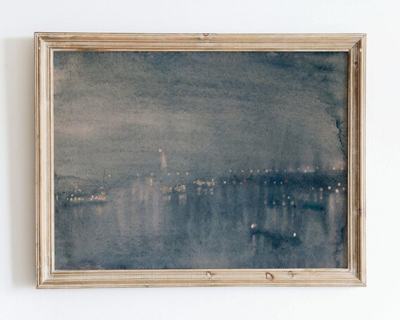 Moody Coastal Night Distant Shoreline Lights Vintage Watercolor Poster