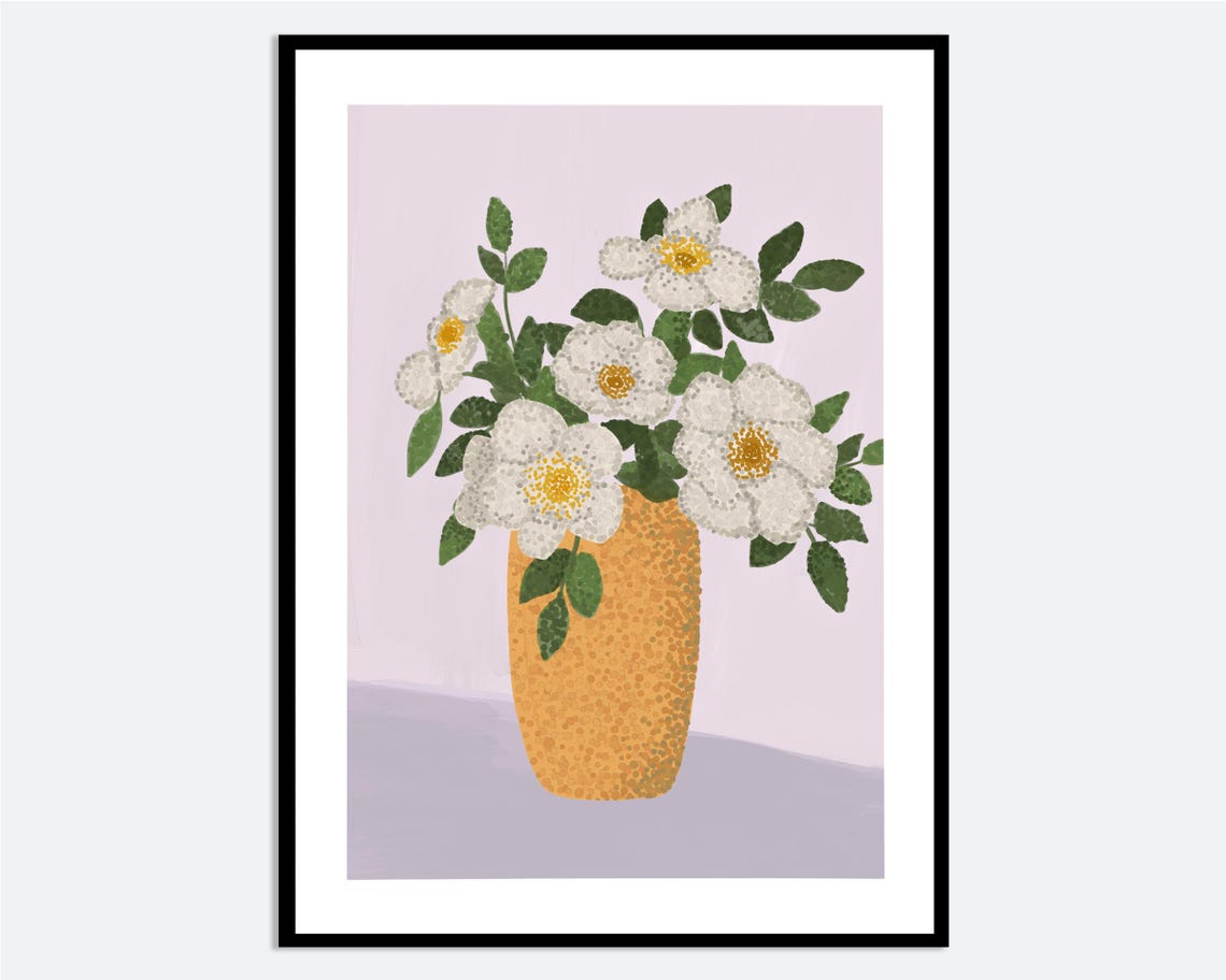 White Flowers Yellow Vase Botanical Modern Floral Illustration Poster