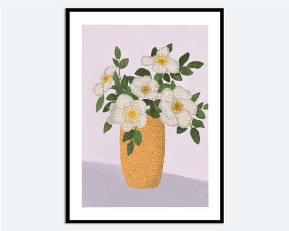 White Flowers With Yellow Vase Wall Art Print Hand Drawn Floral Illustration Contemporary Modern Botanical Poster Decor Ma55