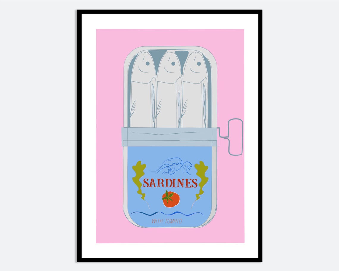 Sardines Tin With Tomato Pink Blue Hand Drawn Kitchen Poster