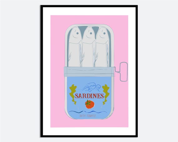 Sardine Tin Blue And Pink Wall Art Print Hand Drawn Food Illustration Contemporary Modern Kitchen Spring Summer Poster Ma68
