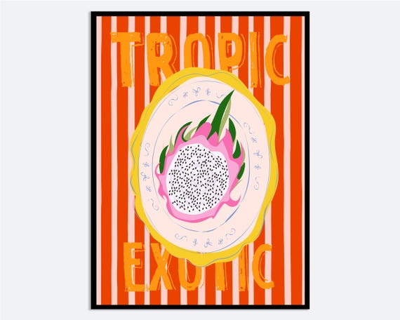 Dragon Fruit Wall Art Print Hand Drawn Contemporary Illustration Modern Kitchen Poster Tropical Summer Decor Ma189
