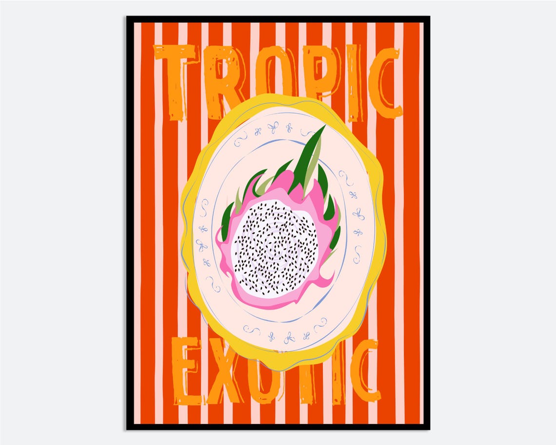 Dragon Fruit Tropic Exotic Hand Drawn Retro Kitchen Wall Print