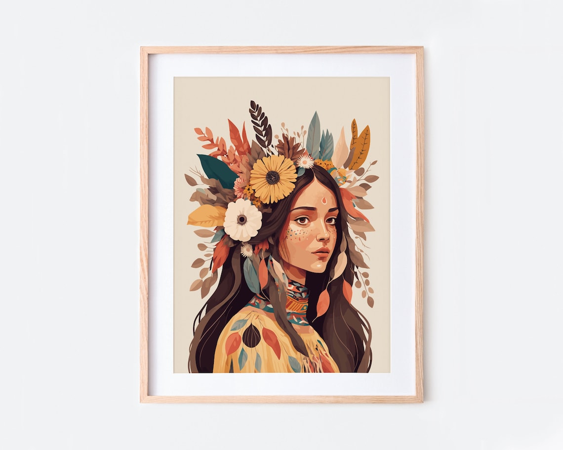 Boho Tribal Girl Portrait, Eclectic Art Print