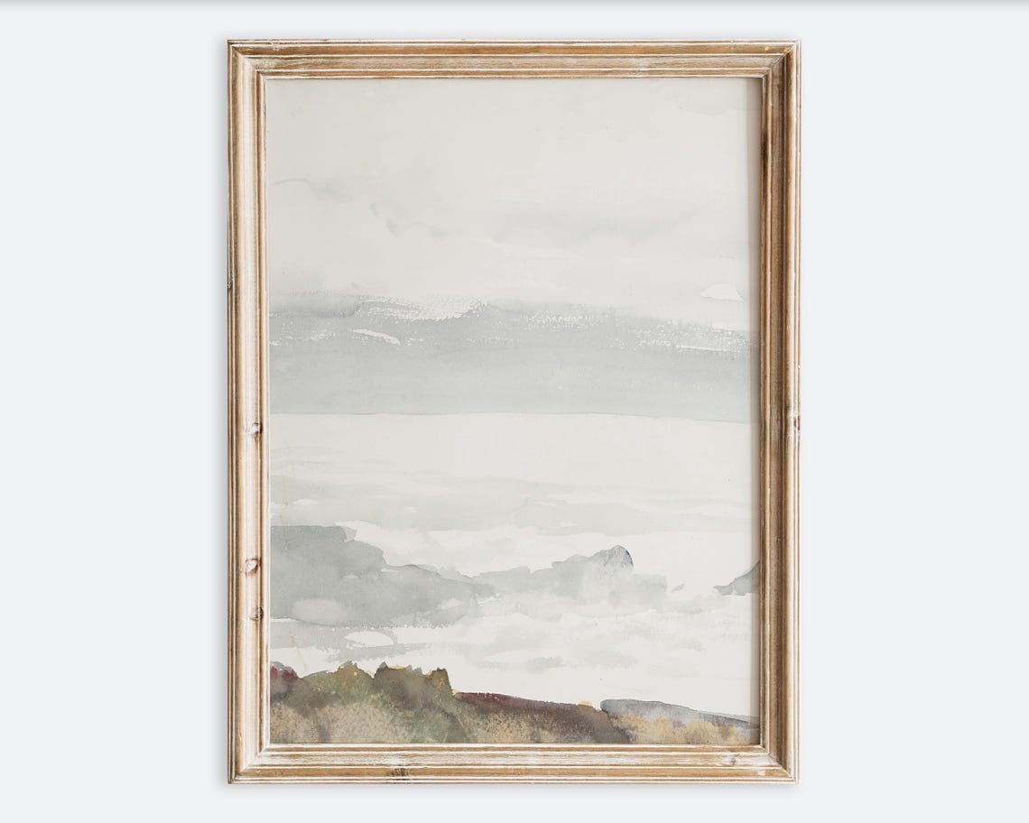 Soft Watercolor Ocean Cliff Cloudy Sky Coastal Landscape Poster