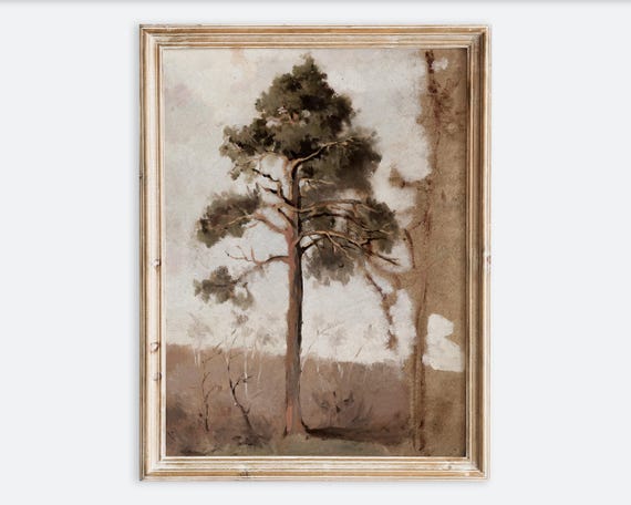 Vintage European Pine Trees Rustic Oil Painting Wall Art Print Autumn Moody Forest Landscape Warm Toned Farmhouse Antique Poster Vp255