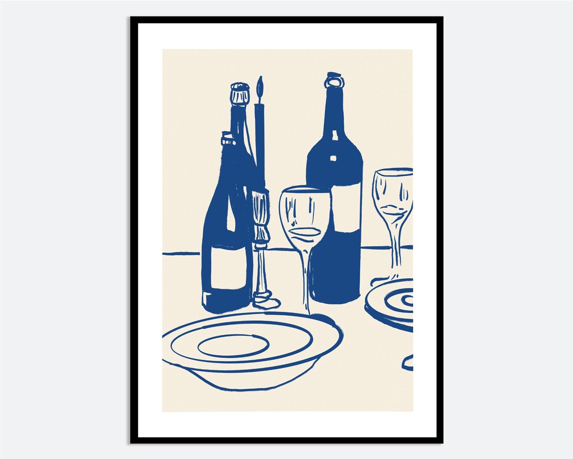 Blue Wine Bottles Line Art Print, Modern Still Life