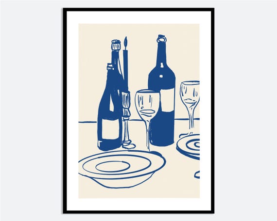 Blue Wine Bottles Line Art Print, Modern Still Life