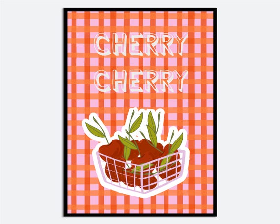 Cherry Basket Wall Art Print Hand Drawn Contemporary Fruit Illustration Modern Kitchen Poster Summer Colorful Decor Ma192