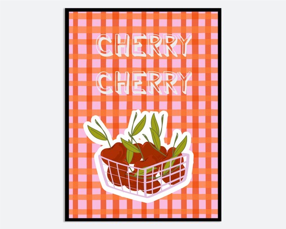 Cherry Cherry Basket Retro Gingham Fruit Market Kitchen Wall Art