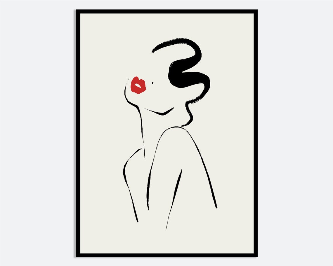 One Line Woman With Red Lips Black Hair Minimalist Sketch Poster