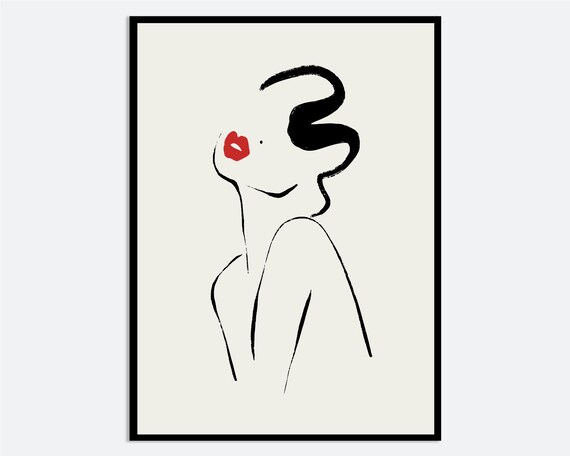 One Line Modern Girl With Red Lips Silhouette Art Print Single Drawing Poster Minimalist Woman Figure Sketch Ab33