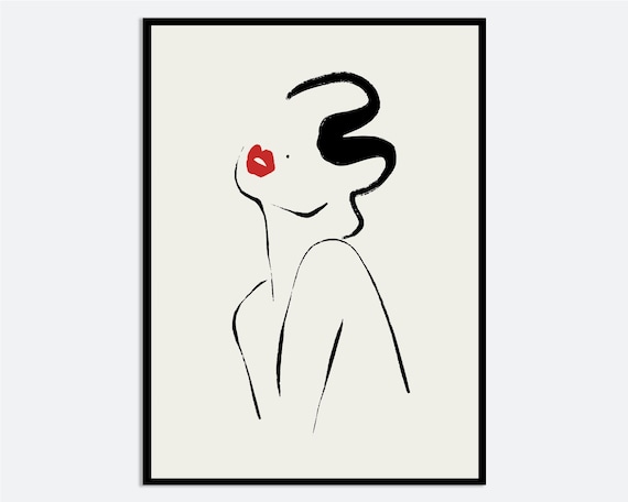 One Line Woman With Red Lips Black Hair Minimalist Sketch Poster