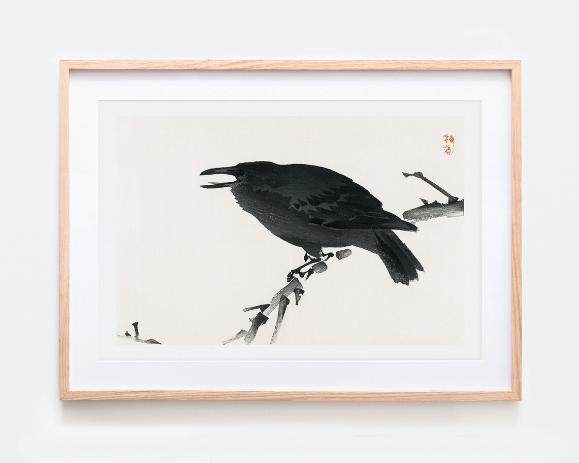 Crow on Tree Branch, Vintage Japanese Woodblock Art Print