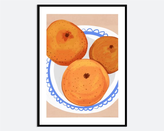 Oranges Scalloped Blue Plate Wall Art Print Hand Drawn Fruit Illustration Contemporary Kitchen Still Life Modern Poster Ma92