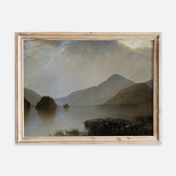 Calm Mountain Lake Under Dramatic Cloudy Sky Vintage Landscape Poster