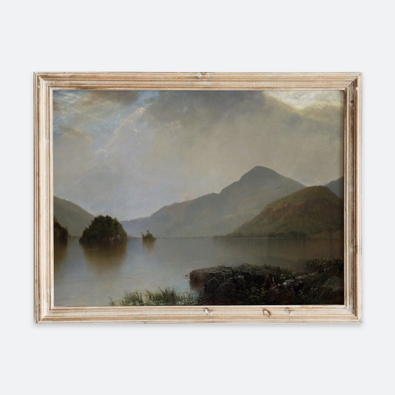 Rustic Vintage Autumn Mountain Lake Landscape Oil Painting Wall Art Print Neutral Poster Farmhouse Antique Dark Moody River Art Vp107
