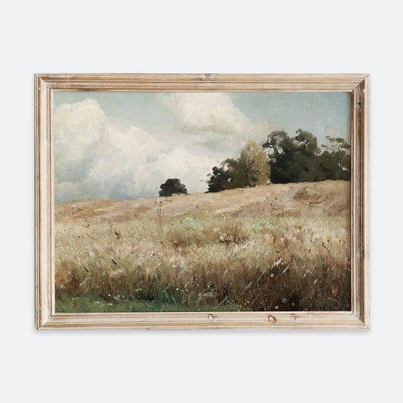 Rustic Vintage European Country Grass Field Oil Painting Wall Art Print Neutral Muted Landscape Poster Antique Moody Farmhouse Decor Vp104