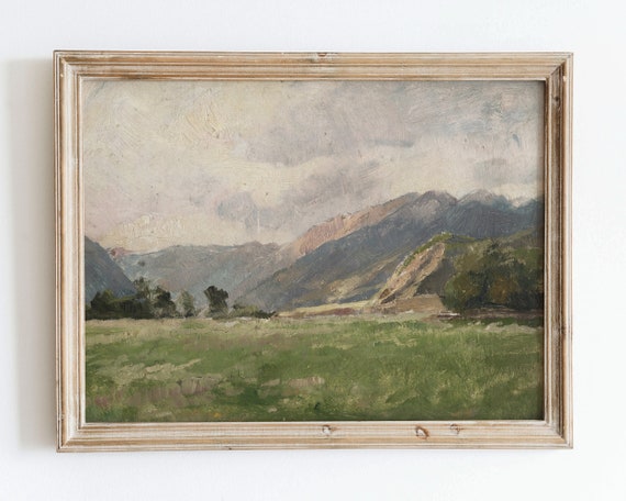 Rustic Vintage European Country Mountain Oil Painting Wall Art Print Neutral Muted Landscape Poster Antique Moody Farmhouse Decor Vp48