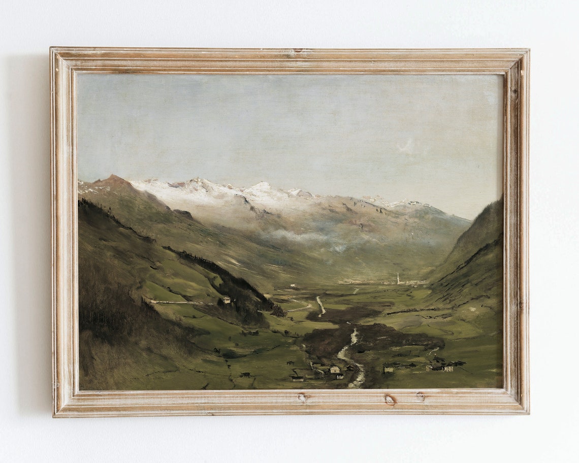 Rustic Vintage European Country Mountain Oil Painting Wall Art Print Neutral Muted Landscape Poster Antique Moody Farmhouse Decor Vp35