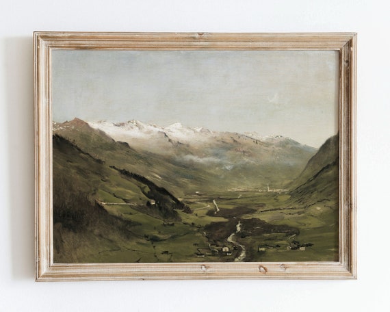 Rustic Vintage European Country Mountain Oil Painting Wall Art Print Neutral Muted Landscape Poster Antique Moody Farmhouse Decor Vp35