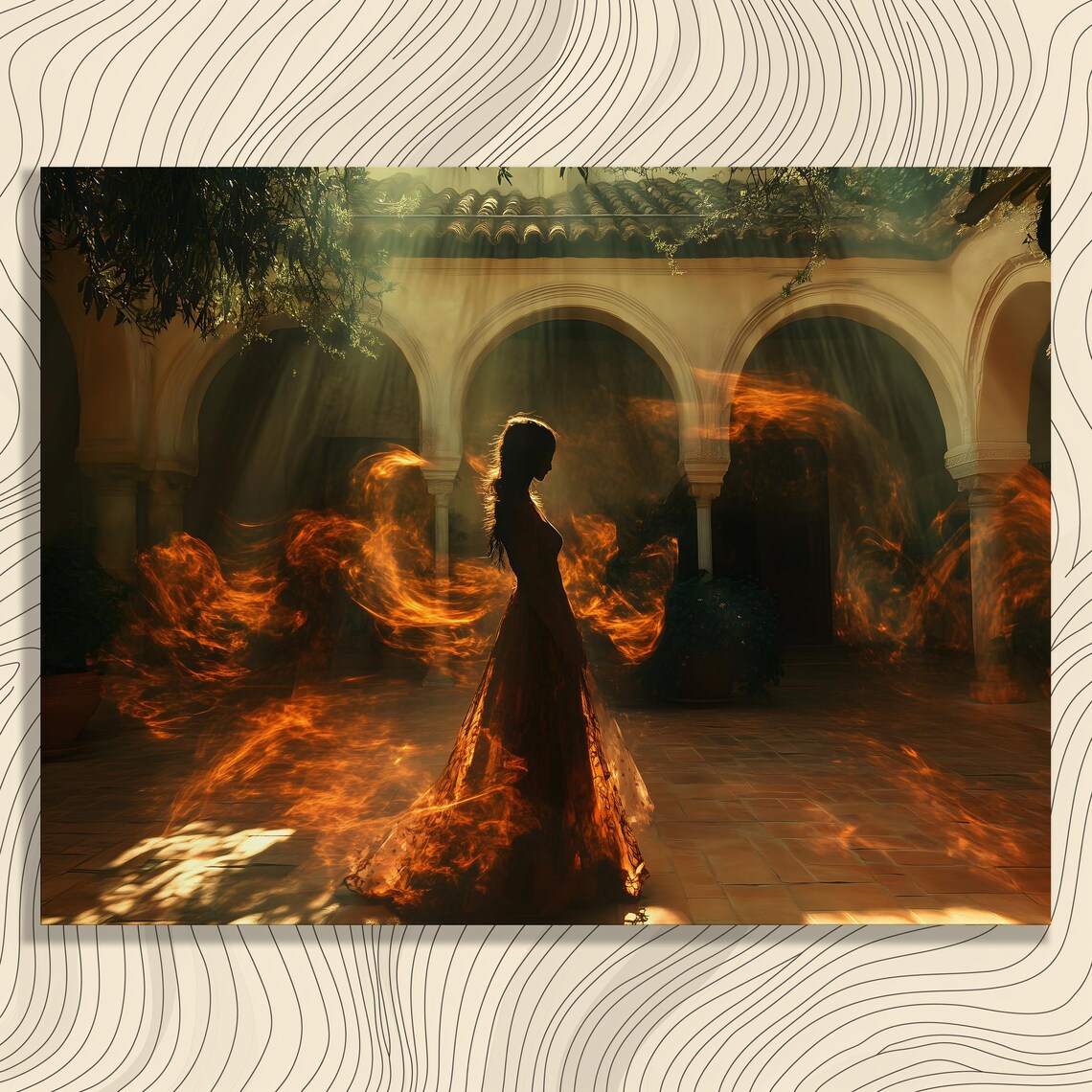 Mystical Woman Silhouette Flames Sunlit Courtyard Art Poster