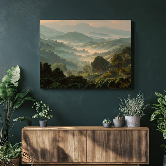 Misty Mountain Landscape Canvas Wall Art Valley Panorama Nature Decor Print Scenic Hillside Forest View Green Mist Poster