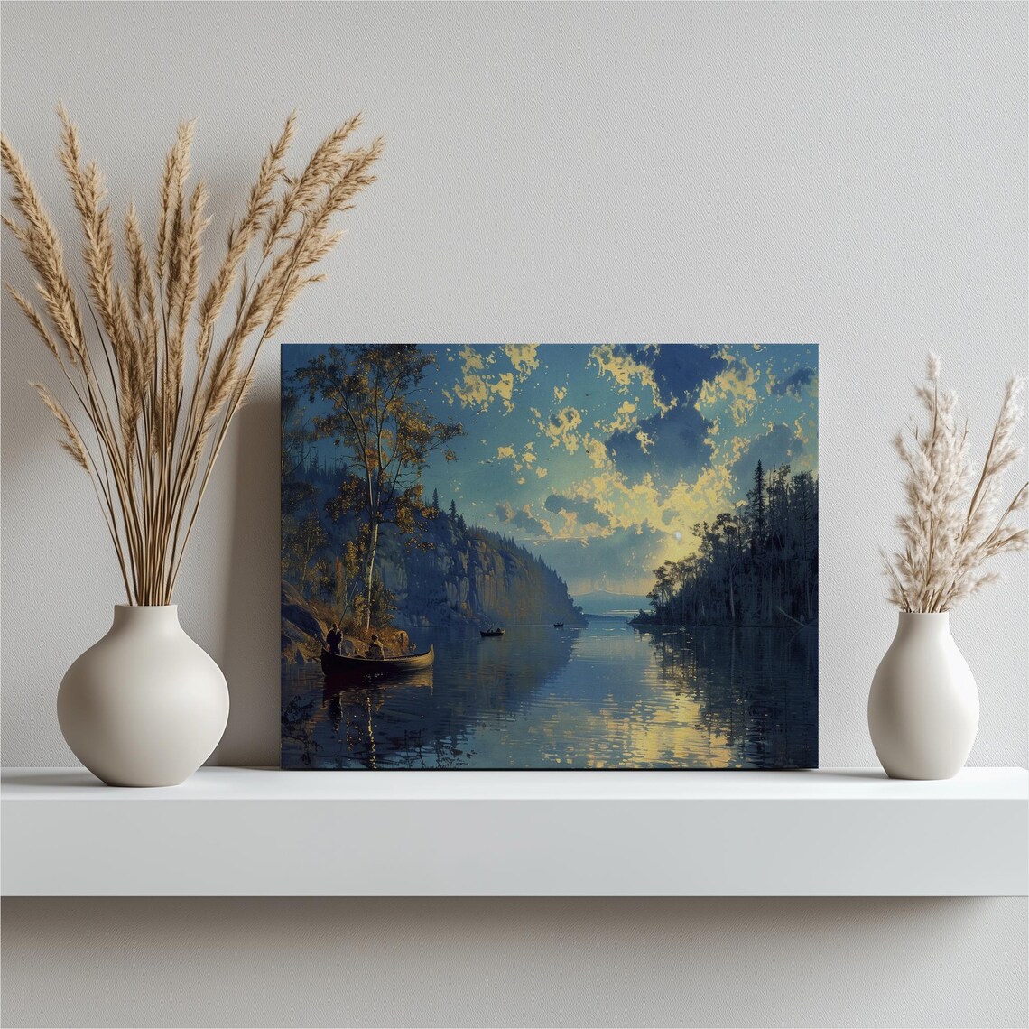 Serene Moonlit Blue Lake With Canoes Golden Reflection Poster