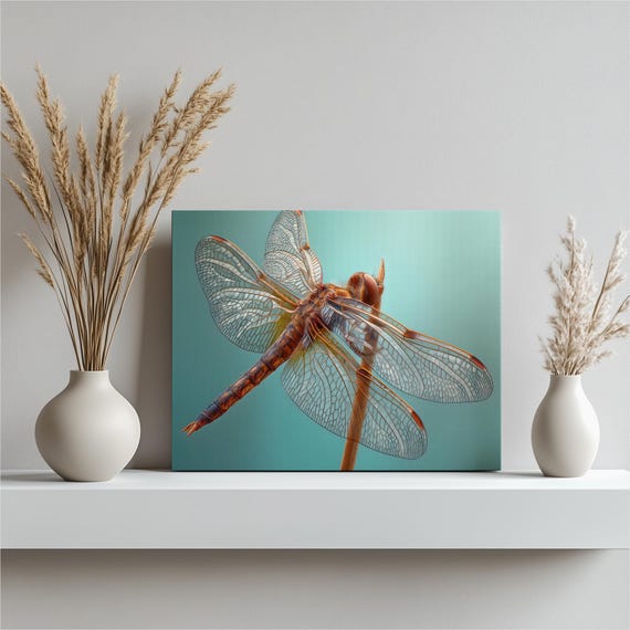 Dragonfly Macro Canvas Wall Art Modern Nature Print Teal Background Wildlife Insect Decor Botanical Photography Contemporary Gift