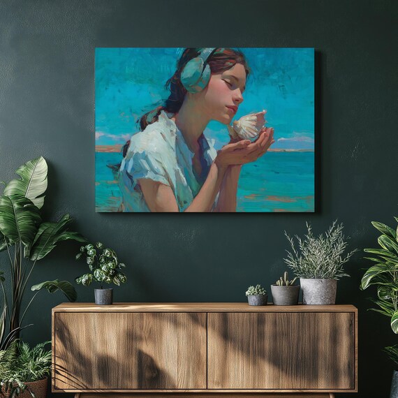 Girl With Seashell and Headphones Ocean Portrait Painting Poster