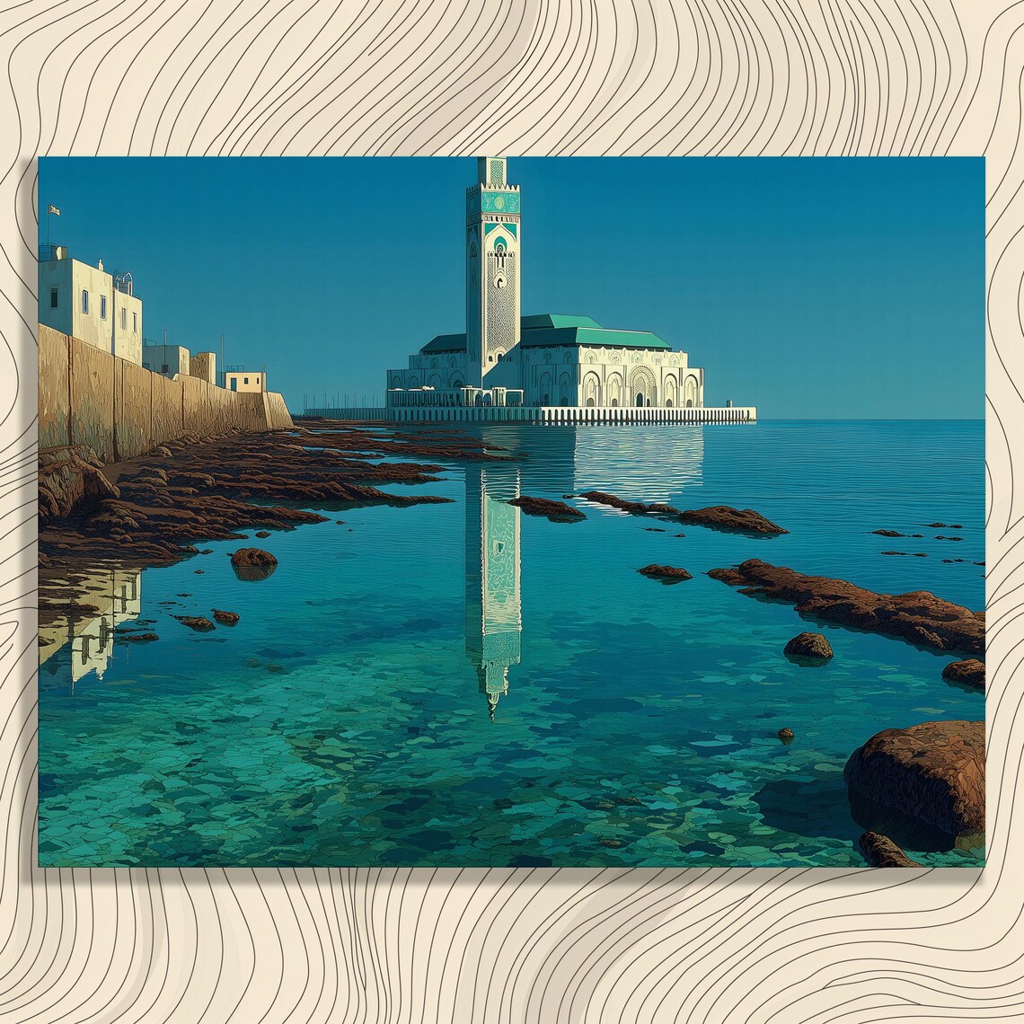 Coastal Grand Mosque With Tall Minaret Turquoise Sea Painting Poster