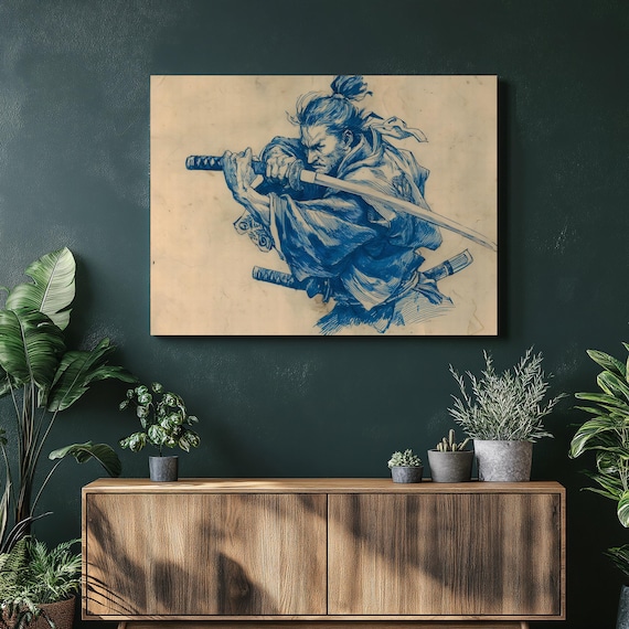 Samurai Drawing Katana Blue Ink Vintage Warrior Sketch Poster