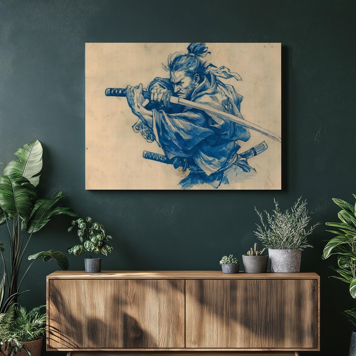 Samurai Drawing Katana Blue Ink Vintage Warrior Sketch Poster
