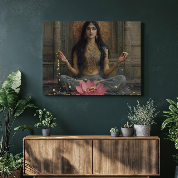 Canvas Wall Art Lakshmi Hindu Goddess Painting With Gold Coins And Pink Prosperity Home Decor For Living Room Bedroom Office