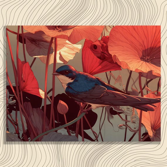 Swallow Poppy Botanical Canvas Wall Art Colorful Bird Print Floral Garden Artwork Modern Nature Decor Flower Contemporary Wildlife