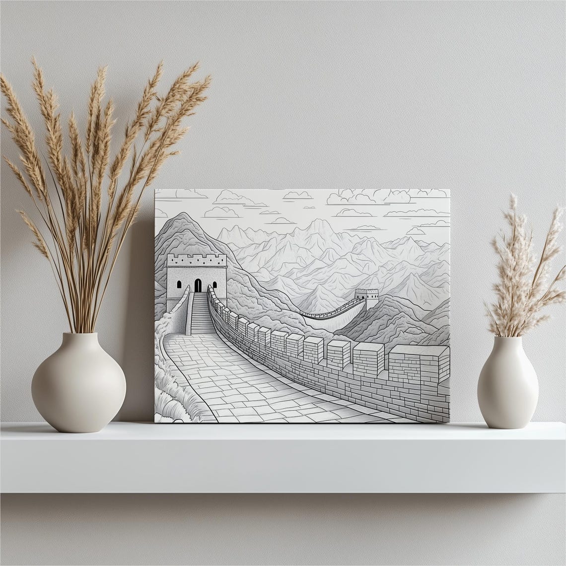 Great Wall China Black And White Line Drawing Minimalist Poster