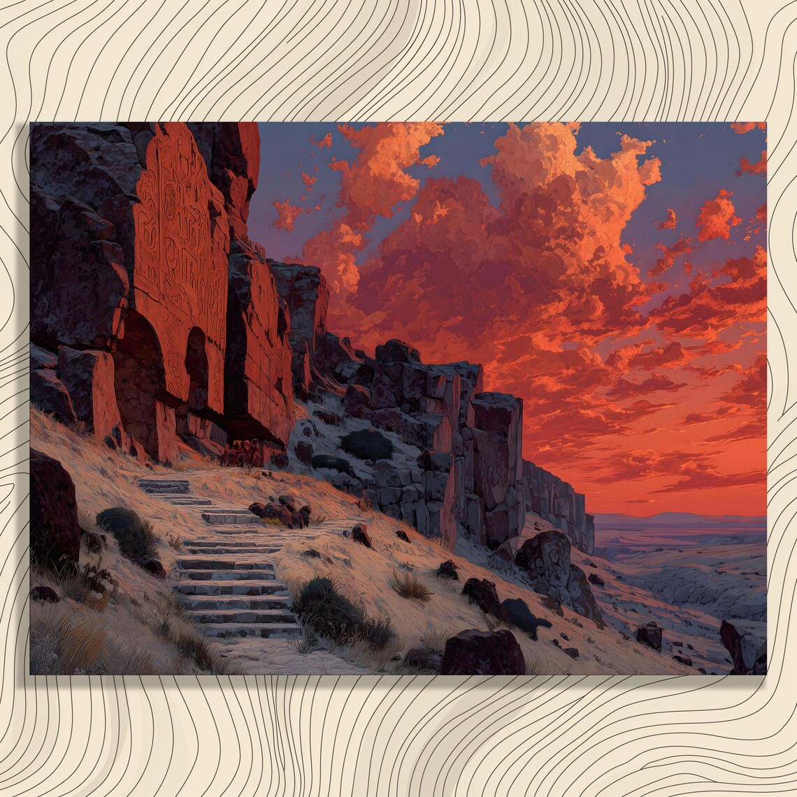 Ancient Carved Rock Temple at Fiery Red Desert Sunset Poster