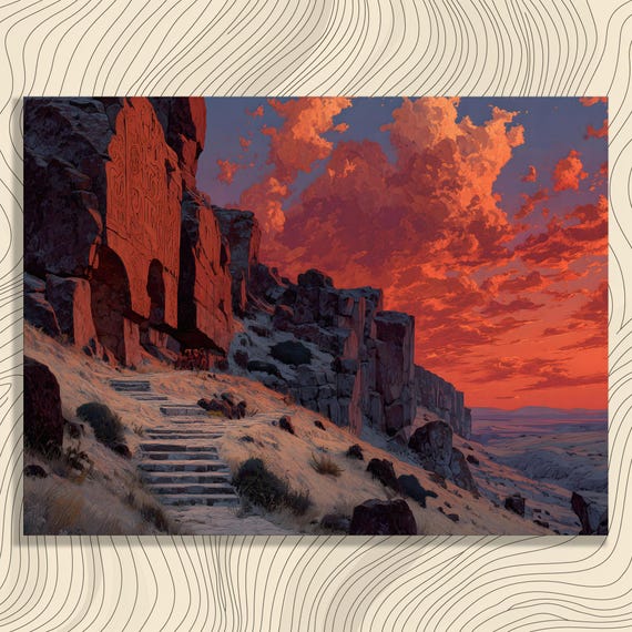 Ancient Ruins Canvas Wall Art Stone Carving Sunset Decor Landscape Print Desert Canyon Photography Illustration Historic Travel Gift
