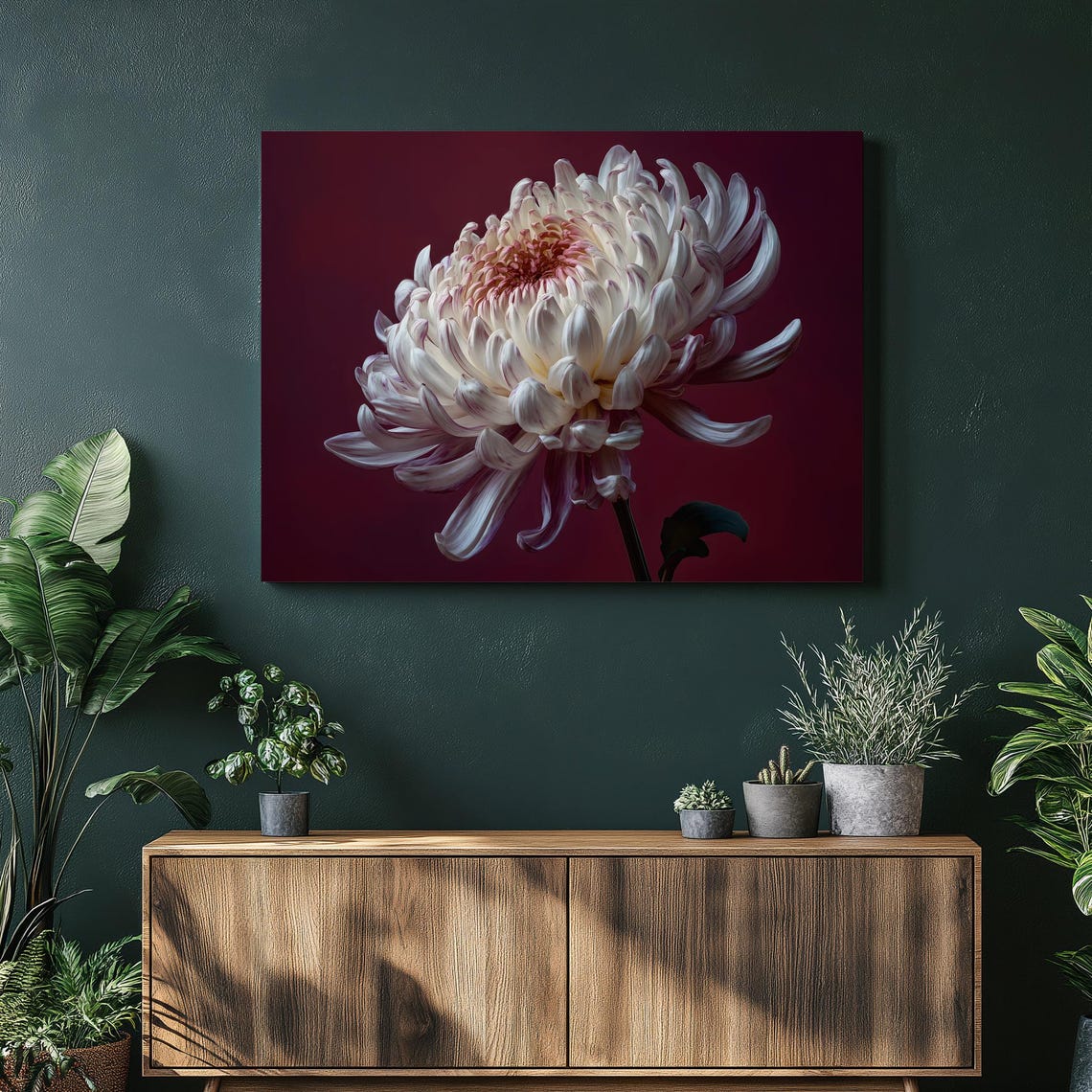 White Chrysanthemum Bloom Dark Moody Floral Photography Poster