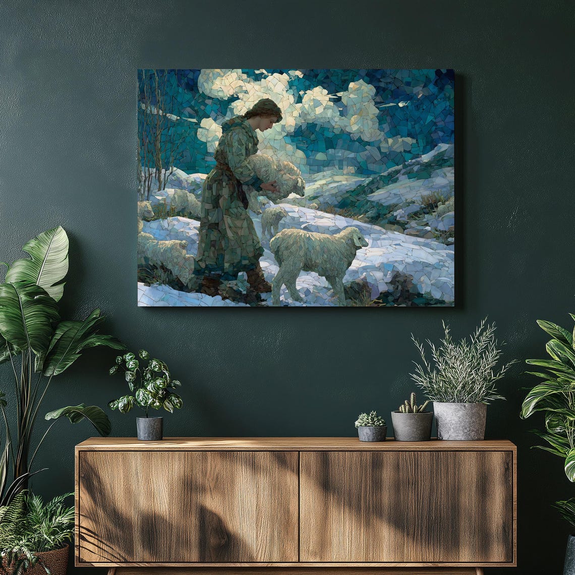 Shepherdess Carrying Lamb Through Snow Mosaic Pastoral Winter Wall Art