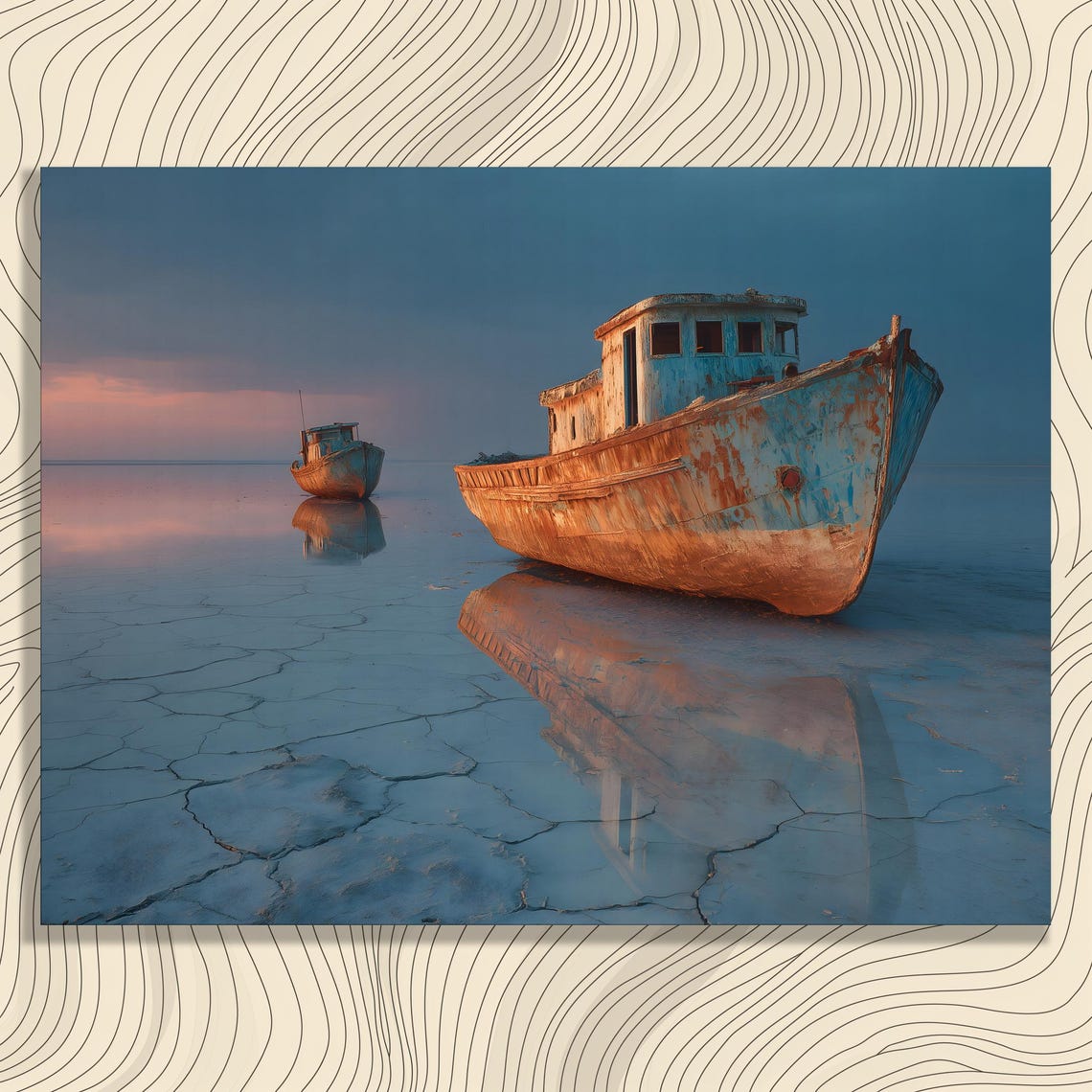 Abandoned Rusty Boats On Cracked Dry Lake Bed Dusk Reflections Poster