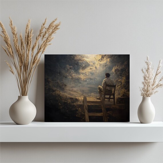 Surreal Ladder Dreamscape Canvas Wall Art Moody Fog And Mist Clouds Symbolic Sky Painting Print Contemplative Decor Gift For Dreamers
