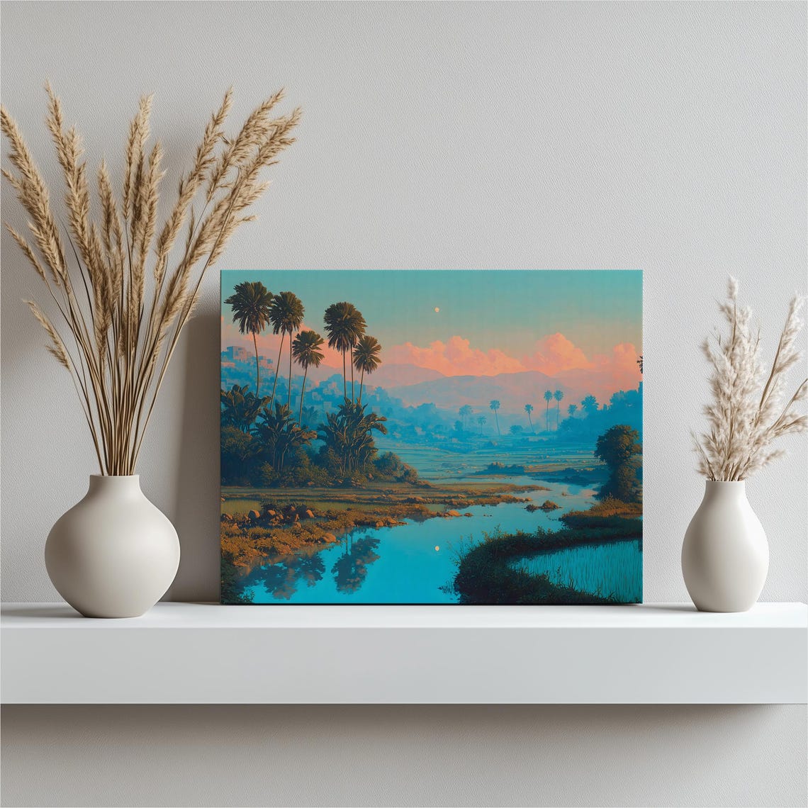 Tropical Rice Paddy Landscape Canvas Wall Art Reflection Palm Tree Poster Water Nature Decor