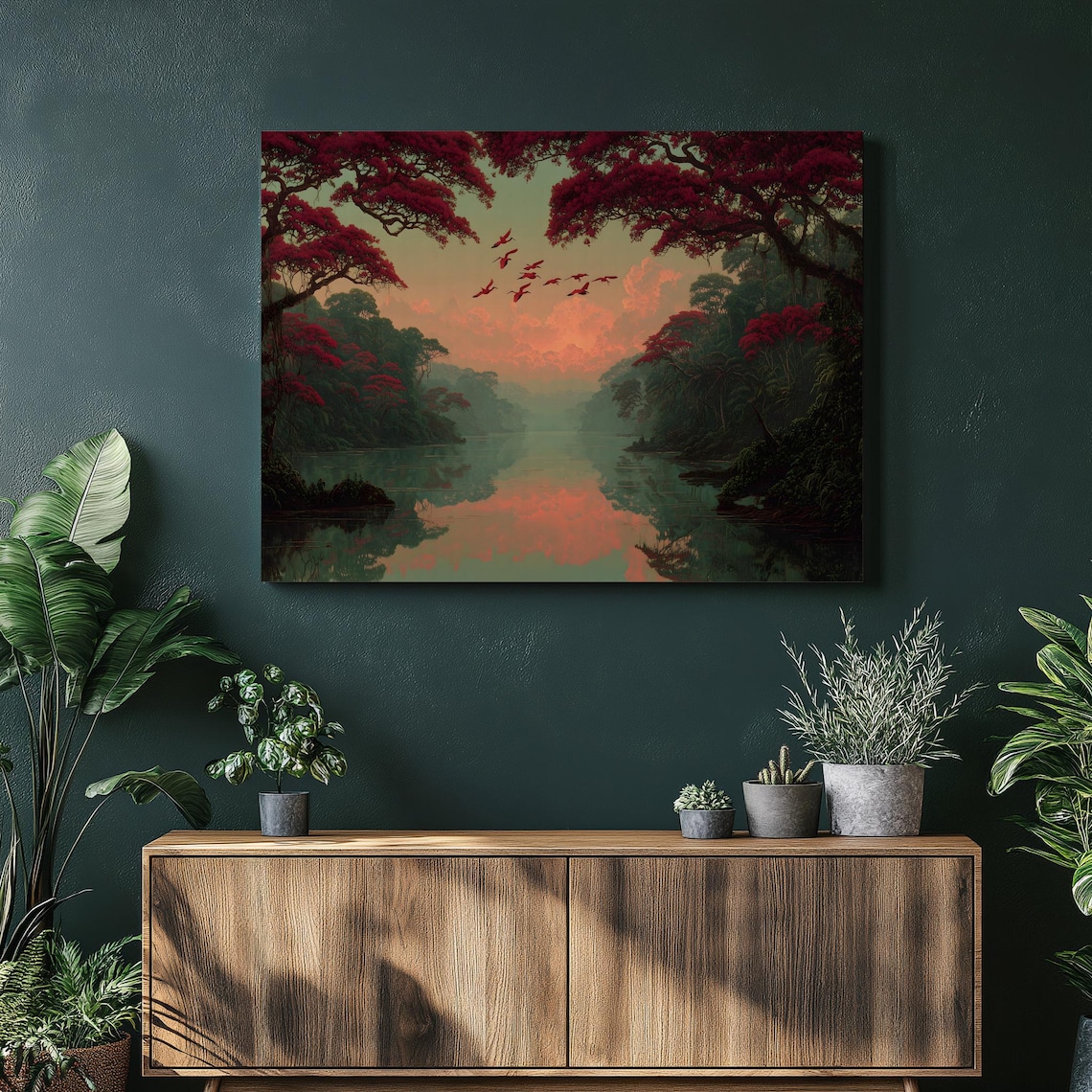 Crimson River Jungle Sunset Flock of Birds Tropical Nature Poster