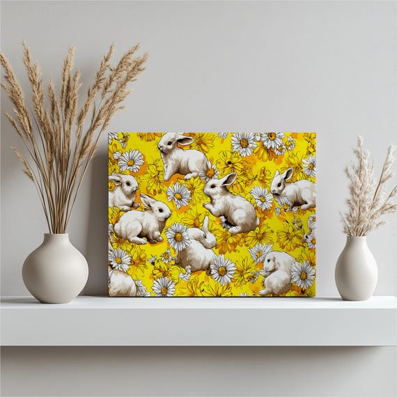 Rabbit Daisy Pattern Canvas Wall Art Colorful Bunny Floral Print Yellow Daisies Botanical Poster Modern Spring Ready Decor Nursery