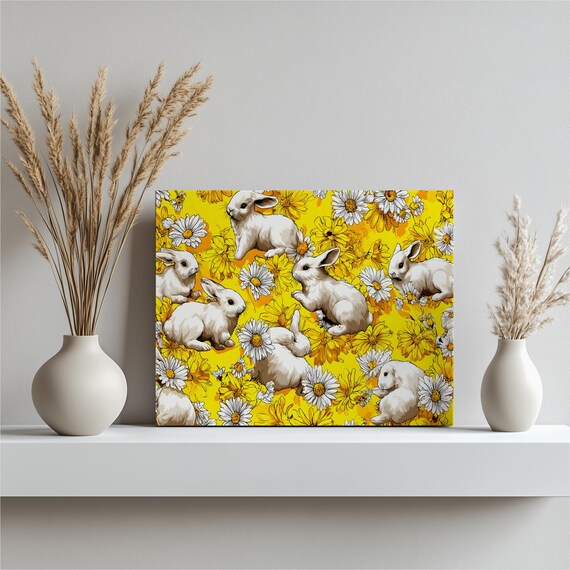 White Bunny Rabbit Daisy Pattern Yellow Floral Spring Poster