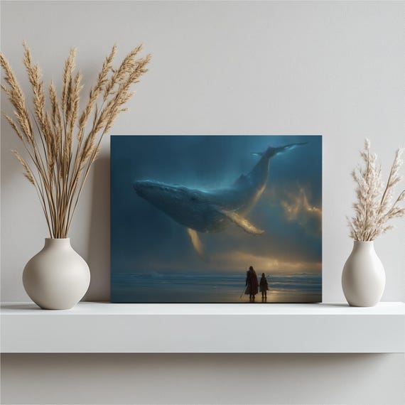 Surreal Whale Canvas Wall Art Ocean Sunset Print Fantasy Beach Decor Dark Seascape Painting Contemporary Coastal Artwork