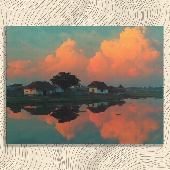 Colorful Sunset Lake Canvas Wall Art Rustic Village Landscape Huts By Calm Water Reflection Vibrant Clouds Teal Sky Nature Home Decor