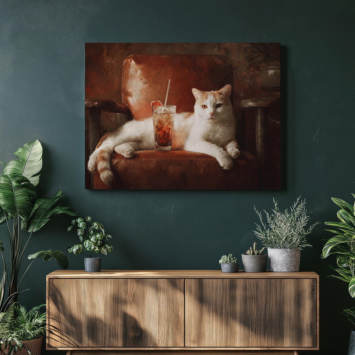 Cozy Chill Cat Lounging With Iced Drink On Leather Chair Poster