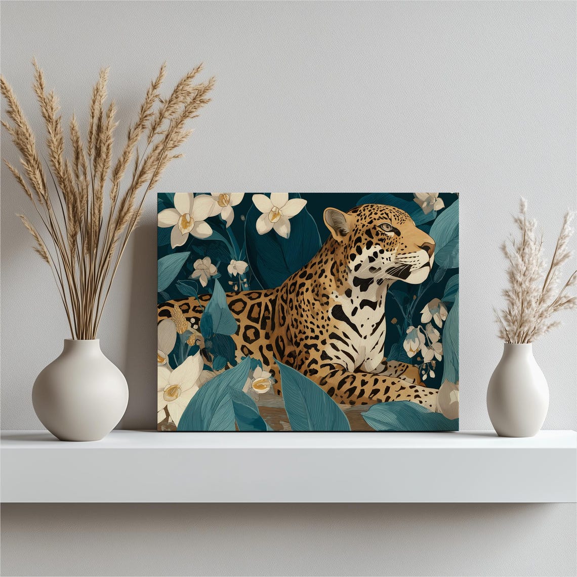 Leopard Resting Among Orchids Tropical Jungle Illustration Poster